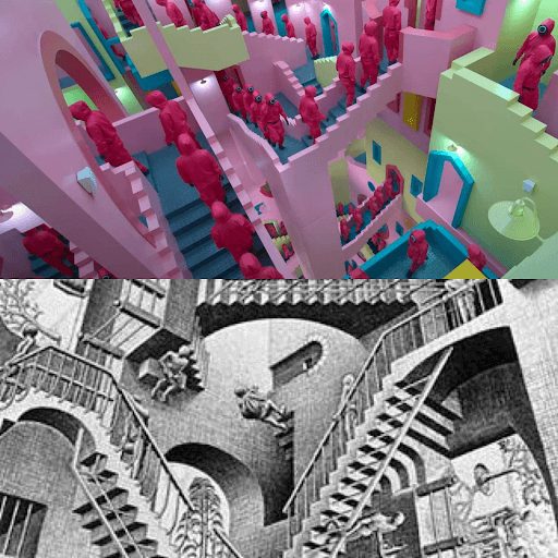 suid game marketing lesson 1 - design matters - escherian staircase vs squid game staircase
